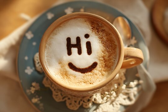 Warm coffee greeting with a smile and hi message
