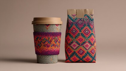 Beige coffee cup with vibrant patterned sleeve and matching coffee bag