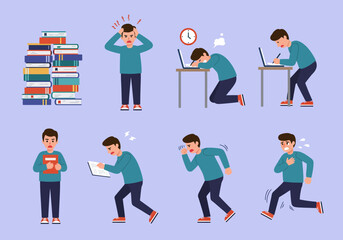 Fototapeta premium A set of illustrations showing a stressed young man overwhelmed by books, work, and deadlines, experiencing anxiety and exhaustion.