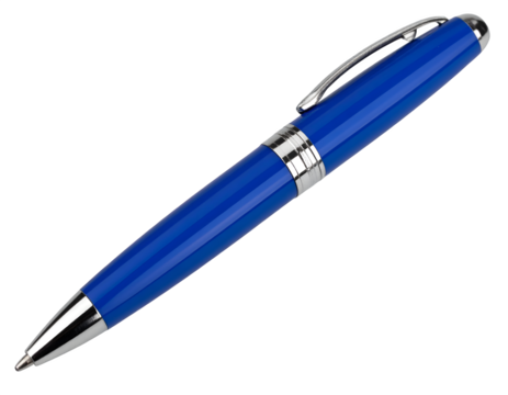 Blue writing pen with silver accents for signing documents, taking notes, and general office use on transparent background