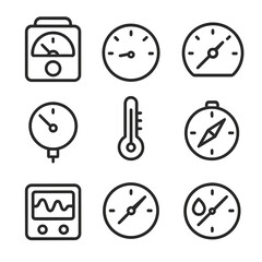 Analog Measurement Icons. Outline icon set of analog measurement: voltmeter, ammeter, speedometer, pressure gauge, thermometer,