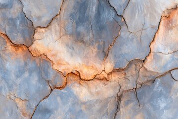 Fototapeta premium Close-up view of a cracked, textured surface. Pale gray, light orange, and muted beige tones. Deep fissures crisscross the surface