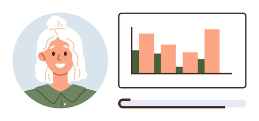 Smiling woman alongside a chart showcasing bar graphs in orange and green tones. Ideal for analytics, business growth, education, teamwork, success, leadership, and reporting. Simple flat metaphor