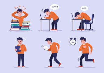 Naklejka premium A set of illustrations depicting a stressed man dealing with deadlines, overwork, confusion, and exhaustion.