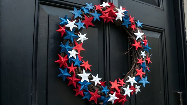 A decorative wreath with red. white. and blue stars on a black background