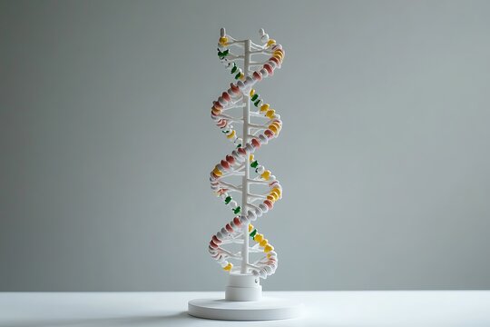 A vertical DNA model positioned on a presentation base. - Powered by Adobe