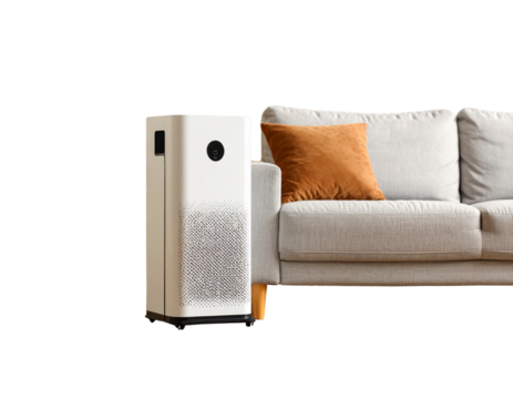  Smart Tower Air Purifier with Touch Controls in Cozy Living Room Corner, Lifestyle Interior Shot, Isolated