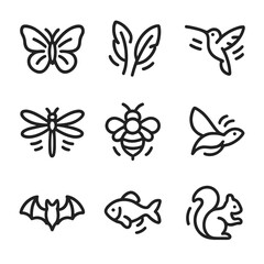 Fototapeta premium Animal Flutter Icons. Outline icon set of flutter in animals and insects: butterfly wings, bird feathers, hummingbird flight,