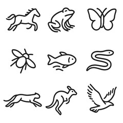 Fototapeta premium Animal Movement Icons. Outline icon set of animal movement: galloping horse, hopping frog, flying butterfly, crawling insect,