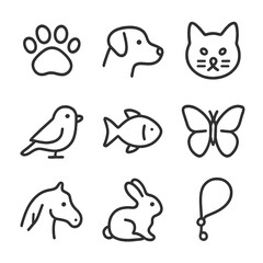 Fototapeta premium Animal Passion Icons. Outline icon set of passion for animals: paw print, dog, cat, bird, fish, butterfly, horse, rabbit, leash.