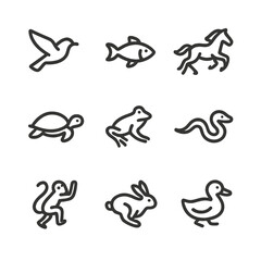 Obraz premium Animal Movement Icons. Outline icon set of animal movement: flying bird, swimming fish, galloping horse, crawling turtle, hopping