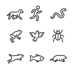 Obraz premium Animal Movement Icons. Outline icon set of animal locomotion: quadruped walk, bipedal run, slithering snake, hopping frog,
