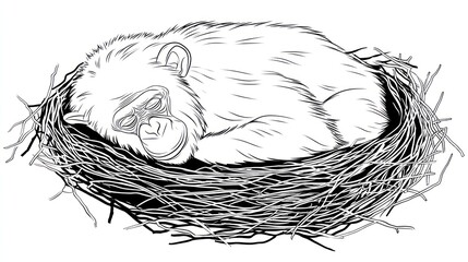 Obraz premium A chimpanzee resting in a nest. Line art illustration