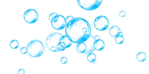 Set of realistic blue soap bubbles in various sizes. Bubbles are located on a transparent background. Water glass bubble realistic