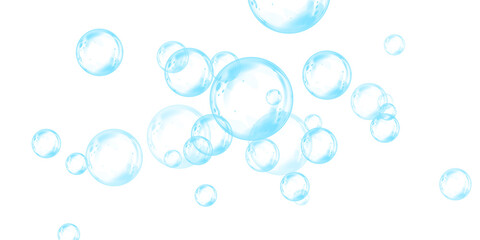 Set of realistic blue soap bubbles in various sizes. Bubbles are located on a transparent background. Water glass bubble realistic