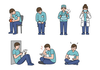 A collection of illustrations showing stressed, tired, and injured healthcare workers and medical students.