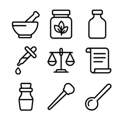 Apothecary Icon Grid. Outline icon set of apothecary equipment: pestle, mortar, herb jar, glass bottle, tincture dropper, scale,