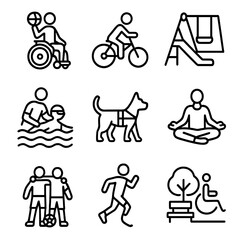 Adaptive Sports Icon Set. Outline icon set of sports and recreation: wheelchair basketball, adaptive cycling,