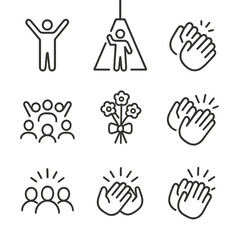 Applause Icon Set. Outline icon set of applause finale: final moment, standing figure, performer silhouette, clapping motion,