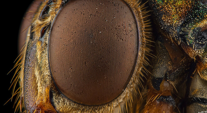 Extreme close-up of a fly's eye and head with detailed texture and hair in sharp focus against a dark background.