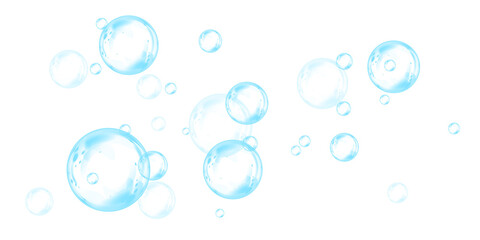 Set of realistic blue soap bubbles in various sizes. Bubbles are located on a transparent background. Water glass bubble realistic