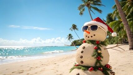 Festive sandman with sunglasses on a sunny beach for a tropical christmas