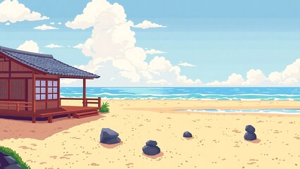 Obraz premium 8-bit style image of a peaceful Japanese beachside tea house, sand garden in the foreground, pixel ocean in the background, pixelated zen stones arranged neatly