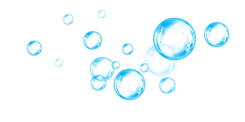 Set of realistic blue soap bubbles in various sizes. Bubbles are located on a transparent background. Water glass bubble realistic
