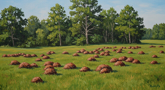 A serene landscape of a green field with numerous haystacks scattered across, set against a backdrop of trees and a partly cloudy blue sky.