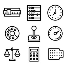 Analog Icon Collection. Outline icon set of analog computing: slide rule, abacus, analog clock, rotary dial, analog joystick,