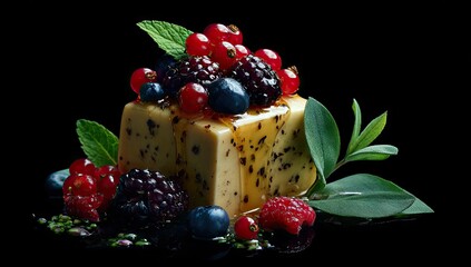 Gourmet cheese cube adorned with fresh berries and mint
