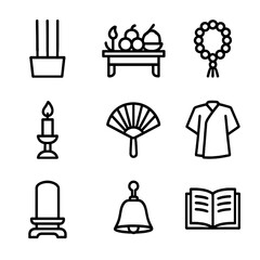 Ancestral Ritual Icons. Outline icon set of ancestral rituals: incense sticks, offering table, prayer beads, candle, ritual fan,