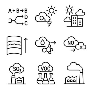 Atmospheric Chemistry Icons. Outline icon set of atmospheric chemistry: chemical reactions, ozone depletion, photochemical smog,