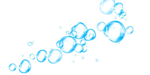 Set of realistic blue soap bubbles in various sizes. Bubbles are located on a transparent background. Water glass bubble realistic