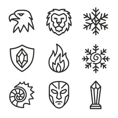 Arctic Icon Collection. Outline icon set of arctic art: frozen eagle, icy lion, crystal snowflake, frozen shield, icy flame,
