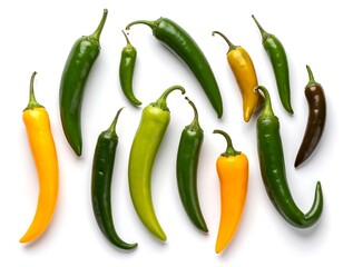 Assorted chili peppers arranged on a white background