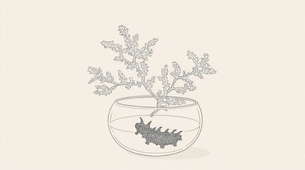 Plant in glass bowl,  simple line art