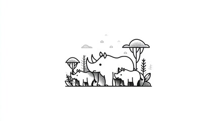 Simple line art of rhinoceros family in a savanna