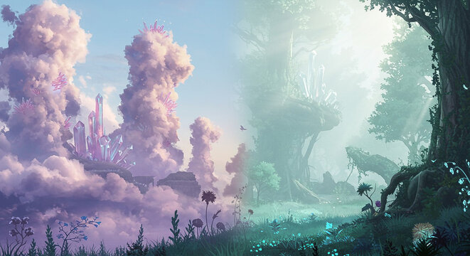Whimsical fantasy landscape with purple clouds, a glowing tree, and misty atmosphere in a dreamy, surreal environment.