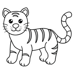 Cartoon tiger isolated on white background, standing and looking ahead