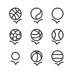 Ball Icon Grid. Outline icon set of ball bounce: basketball, tennis ball, rubber ball, soccer ball, volleyball, baseball, ping