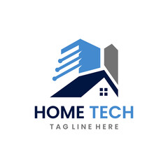 Modern minimalist Home Tech logo combining a house rooftop and digital circuit elements, symbolizing smart home innovation, connectivity, and advanced residential technology solutions.
