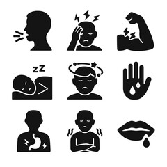 Anxiety Symptoms Icons. Solid, filled icons set of anxiety symptoms: rapid breathing, headache, muscle tension