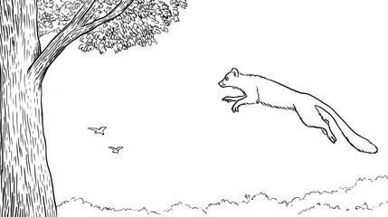 A black and white drawing of a leaping animal near a tree