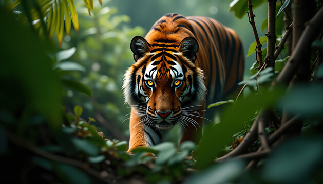 A stealthy predator blends into tropical leaves, only glowing eyes give it away.