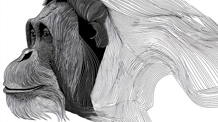 Monochrome portrait of a primate with abstract lines