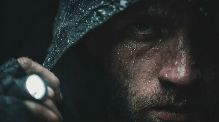 Close-up of a drenched man in a dark environment, holding a flashlight