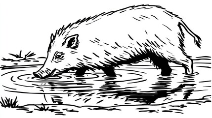 Black and white illustration of a wild boar drinking