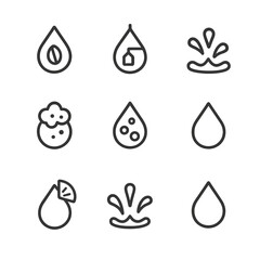 Beverage Drip Icons. Outline icon set of beverage drips: coffee drip, tea drop, wine splash, beer foam drip, soda bubble drip,