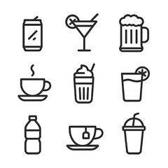 Beverage Icon Set. Outline icon set of pop drinks: soda, cocktail, beer mug, coffee cup, milkshake, juice, water bottle, tea cup,
